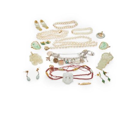 to include four cultured pearl necklaces, three pairs of gem-set pendant earrings; various jade and hardstone pendants, a cha