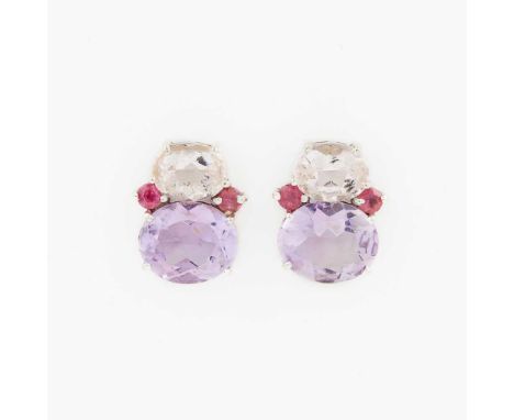 each claw set with an oval-cut amethyst and rose-quartz, and two round-cut pink tourmaline, to post and butterfly fittings, s