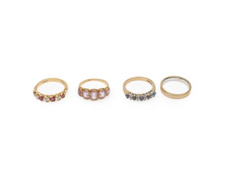 to include an 18ct gold ruby and diamond half eternity ring, a 9ct gold sapphire and diamond ring; a five stone pink gem-set 