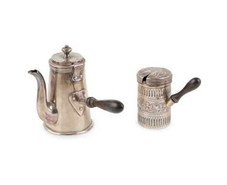Hutton of Sheffield, plain tapering form, stepped hinged cover and finial, side turned wood handle, together with a late Vict