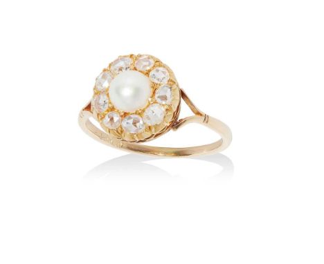 set with a central bouton pearl in a single border of rose-cut diamonds, to a plain shank stamped 18ctRing size: R