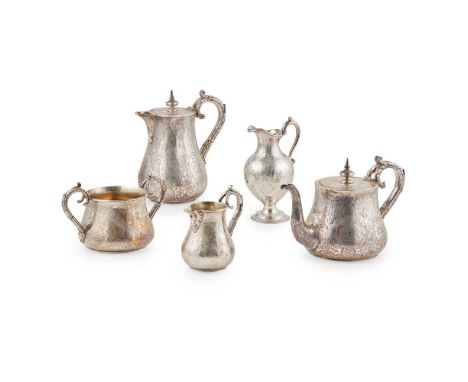 Robert Hennell III, London, comprising, a teapot, sugar basin, milk jug, and water pot, each of baluster form all over engrav