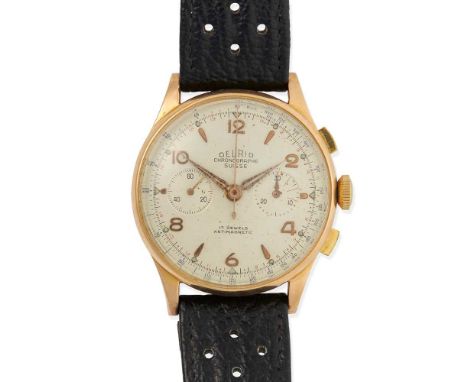 chronograph model, late 1940s, case marked 18K 750, unsigned 17 jewel manual wind movement, metal movement cover, signed roun