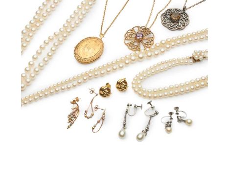 to include a 9ct gold locket and neck-chain, a pair of 18ct gold rope-twist earrings; a 9ct gold and amethyst Ola Gorie penda
