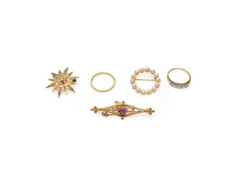 to include an 18ct wedding band; a five stone diamond ring, to an unmarked yellow metal shank; a cultured pearl brooch stampe