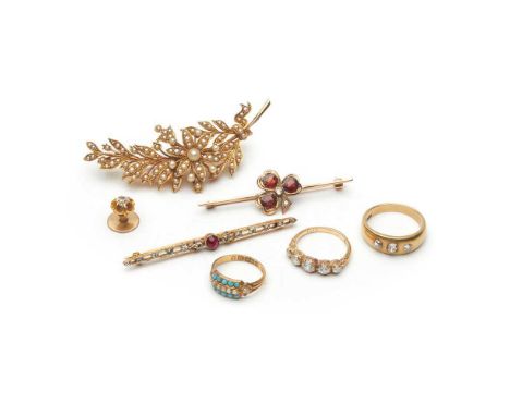 to include a pearl floral spray brooch, unmarked; a five stone diamond ring, stamped 18ct; a three stone gypsy set diamond ri