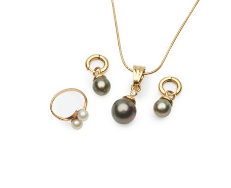 the pendant suspending a Tahitian pearl, the bale collet set with a small round brilliant-cut diamond, to a snake link chain,