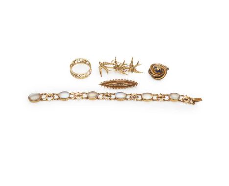 to include a moonstone bracelet, stamped 18ct; a seed pearl set brooch, modelled as three swallows, unmarked; a 15ct gold Vic