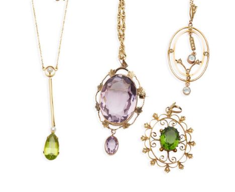 to include a Victorian amethyst pendant brooch, to a modern fancy link chain; a green paste and seed pearl pendant, an aquama