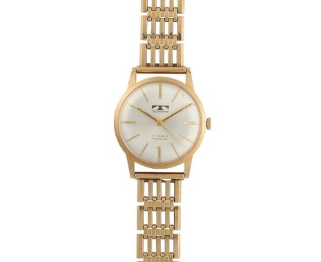 9ct gold case, unsigned 17 jewel manual wind movement, signed round silver-coloured dial with applied gold baton hour markers