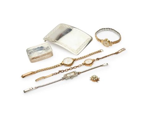 to include a large silver belt-buckle, and engraved silver patch box; a pearl clasp, stamped 9ct; a 9ct gold majex wristwatch