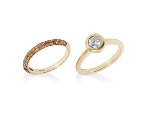 collet set with a round brilliant-cut diamond, to a plain 18ct gold shank; together with a 9ct gold diamond set half eternity
