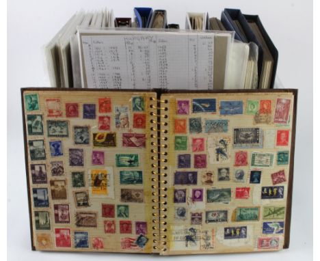 Used World accumulation in clear plastic tub. Several albums / ring binders, plus 14x packs of one country stamps on album le