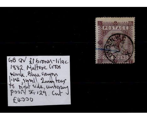 GB - QV £1 brown-lilac 1882, Maltese Cross wmk, blue crayon line, small 2mm tear to right side, SG129 cat £4000  Sold as seen