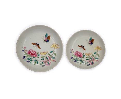 Two Chinese ruby-back 'floral' dishesQing dynasty, Yongzheng periodEach delicately enamelled to the interior with a pair of b