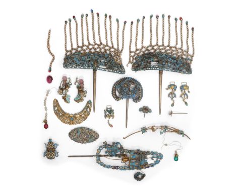 A group of Chinese kingfisher feather-decorated silver filigree jewelleryLate Qing dynasty, 19th centuryComprising a pair of 