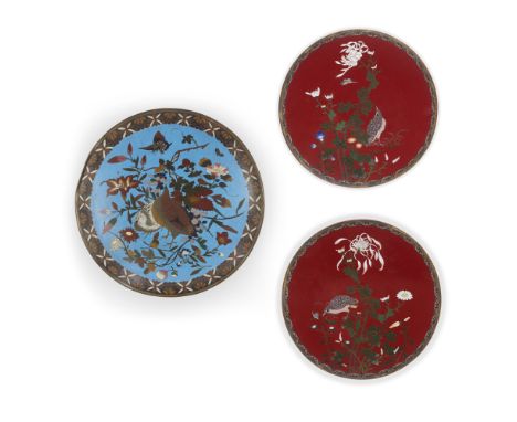 Three Japanese cloisonné-enamel 'kacho-ga' platesMeiji periodComprising: a pair of red-ground plates with quails, snails and 