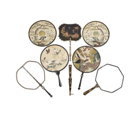 Four Chinese silk circular fans, a paper fan, a lacquer fan, and two fan framesQing dynasty, 19th century,To include a pair o