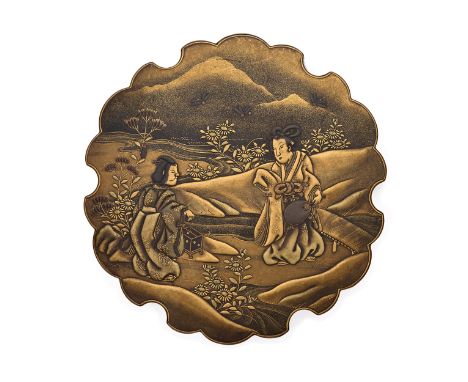 A fine Japanese lacquer box and coverEdo periodof shaped circular form, the cover decorated in gold takamaki-e with two figur