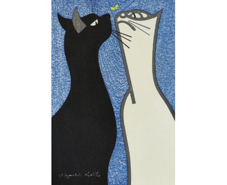 Kiyoshi Saito (Japanese, 1907-1997)Steady gaze: Two cats, circa 1952Woodcut in colours, signed to the lower left, mounted, fr