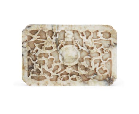 A Chinese grey jade 'dragon' cup standMing dynastyOf rectangular form with canted corners, carved in relief with two writhing