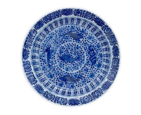 A Japanese Kangxi-style blue and white 'fishes' dishMeiji/Taisho period, early 20th centuryDecorated to the central reserve w