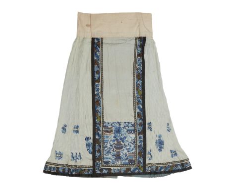A Chinese silk embroidered pale blue ground skirtQing dynasty, late 19th centuryThe pale blue pleated brocade silk skirt with