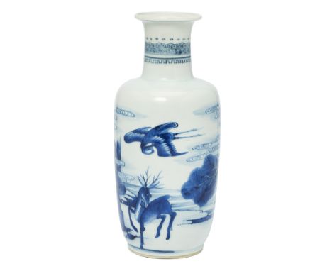 A fine Chinese blue and white 'crane, deer and pine tree' rouleau vaseQing dynasty, Kangxi periodThe gently tapering, cylindr