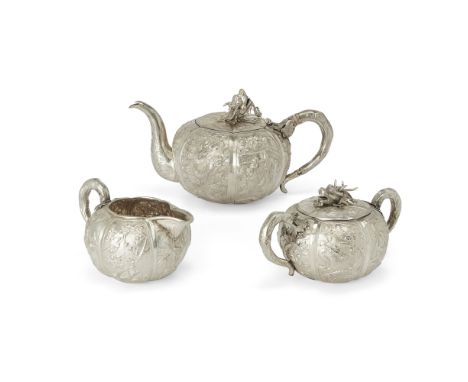 A Chinese export silver three piece tea set by Wang HingLate Qing dynasty/Republic period, early 20th centuryComprising: teap