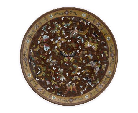 A Japanese cloisonné-enamel dish in the manner of Namikawa YasuyukiMeiji periodDecorated with butterflies inside a floral bor