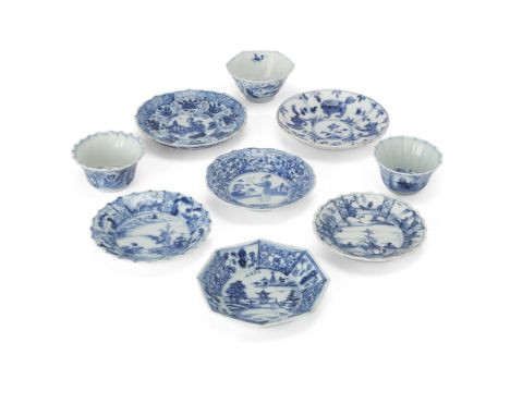 A group of Chinese blue and white tea cups and saucersQing dynasty, Kangxi periodComprising three matching sets of cups and s