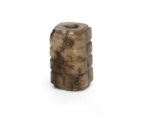 A small Chinese celadon and black jade congMing dynastyCarved from a mottled celadon stone with black streaky inclusions, wit
