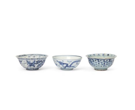 Three Chinese blue and white bowlsMing dynasty, 16th/17th century, and laterComprising: a blue and white bowl with designs of