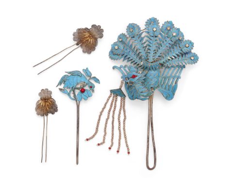 A group of four Chinese hair ornamentsLate Qing dynasty-Republic period, early-mid 20th centuryComprising a pair of silver-gi