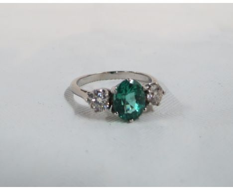 18CT GOLD EMERALD (1.64CT) &amp; DIAMOND (0.60CT) 3 STONE RING