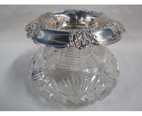 TIFFANY ROSE BOWL - CUT GLASS - SILVER COLLAR SIGNED TIFFANY