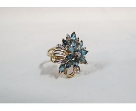 9CT GOLD BLUE TOPAZ &amp; DIAMOND FLOWER CLUSTER RING 