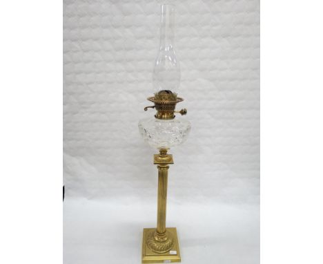 ANTIQUE BRASS CORINTHIAN PILLAR OIL LAMP WITH GLASS BOWL &amp; SHADE