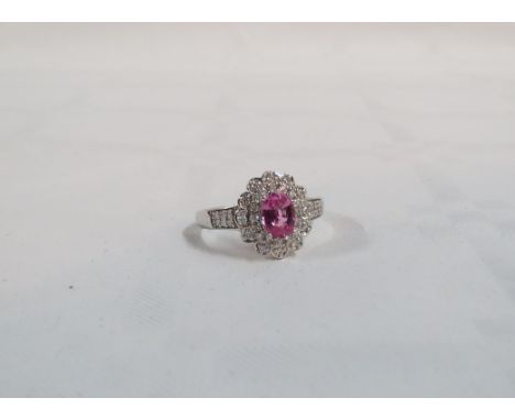 18CT WHITE GOLD DIAMOND &amp; PINK SAPPHIRE RING  