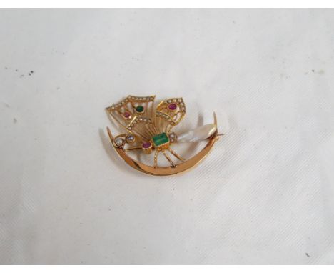 ANTIQUE 18 CARAT GOLD EMERALD, RUBY &amp; PEARL DRAGONFLY HONEYMOON BROOCH