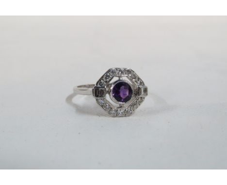 18CT GOLD AMETHYST (0.80CT) &amp; DIAMOND (0.60CT) ART DECO STYLE RING