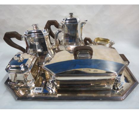 BLOCH ESCHWEGE SILVERSMITH - TEA/COFFEE SERVICE 6 PIECES IN SILVER AND MACASSER - ART DECO PERIOD WITH MIRROR BASE WITH 4 SIL