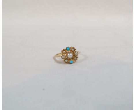 18CT GOLD TORQUOISE &amp; PEARL CLUSTER RING