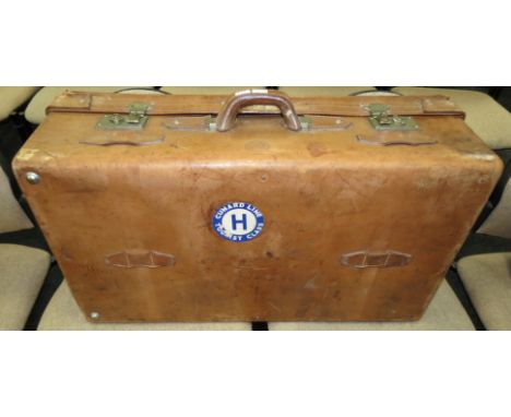 ANTIQUE CHINESE BROWN LEATHER TRUNK WITH CUNARD LINE LABEL