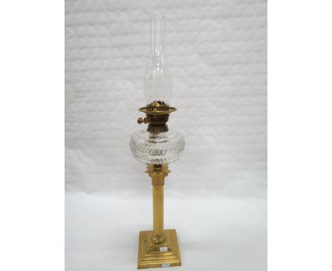 ANTIQUE BRASS CORINTHIAN PILLAR OIL LAMP WITH GLASS BOWL &amp; SHADE