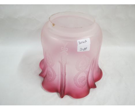 ANTIQUE ETCHED RUBY GLASS OIL LAMP SHADE 