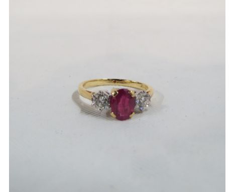 18CT GOLD RUBY &amp; DIAMOND 3 STONE RING WITH HALF CARAT OF DIAMONDS, COLOUR G/H &amp; 1 CARTAT OF RUBY