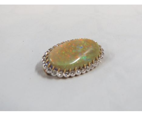 18CT GOLD OPAL &amp; DIAMOND BROOCH/PENDANT, 1 CARAT OF DIAMONDS &amp; 35X20MM OPAL