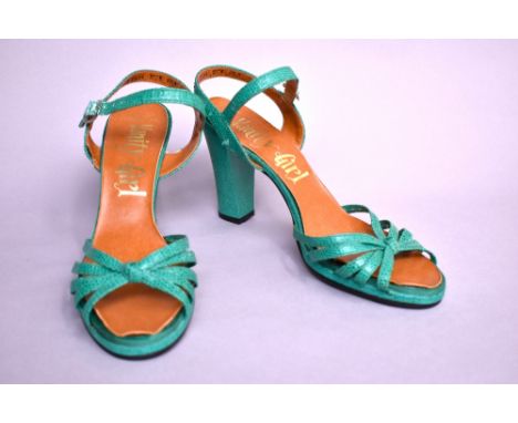 A pair of 1970's Valentino 'Vanity Girl' high-heeled strappy sandals, in jade green snakeskin effect, featuring five straps c