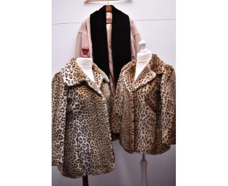 Three 1980s - 1990s faux fur coats, all in good condition.    A Astraka Made in England faux fur coat in short pile leopard c